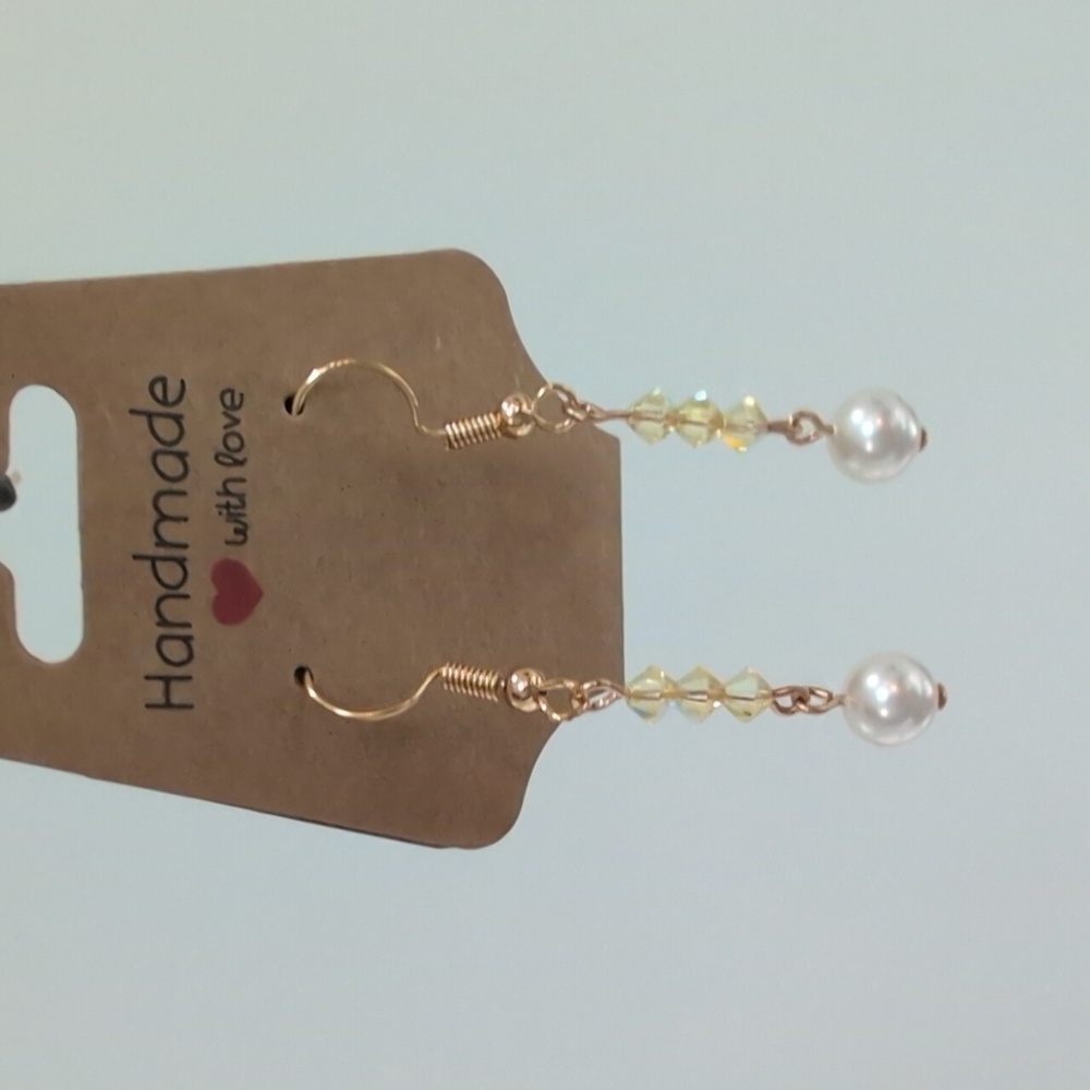 Handmade Swarovski Jonquil Yellow Crystal &  Crystal Pearl Drop Earrings 18kPost